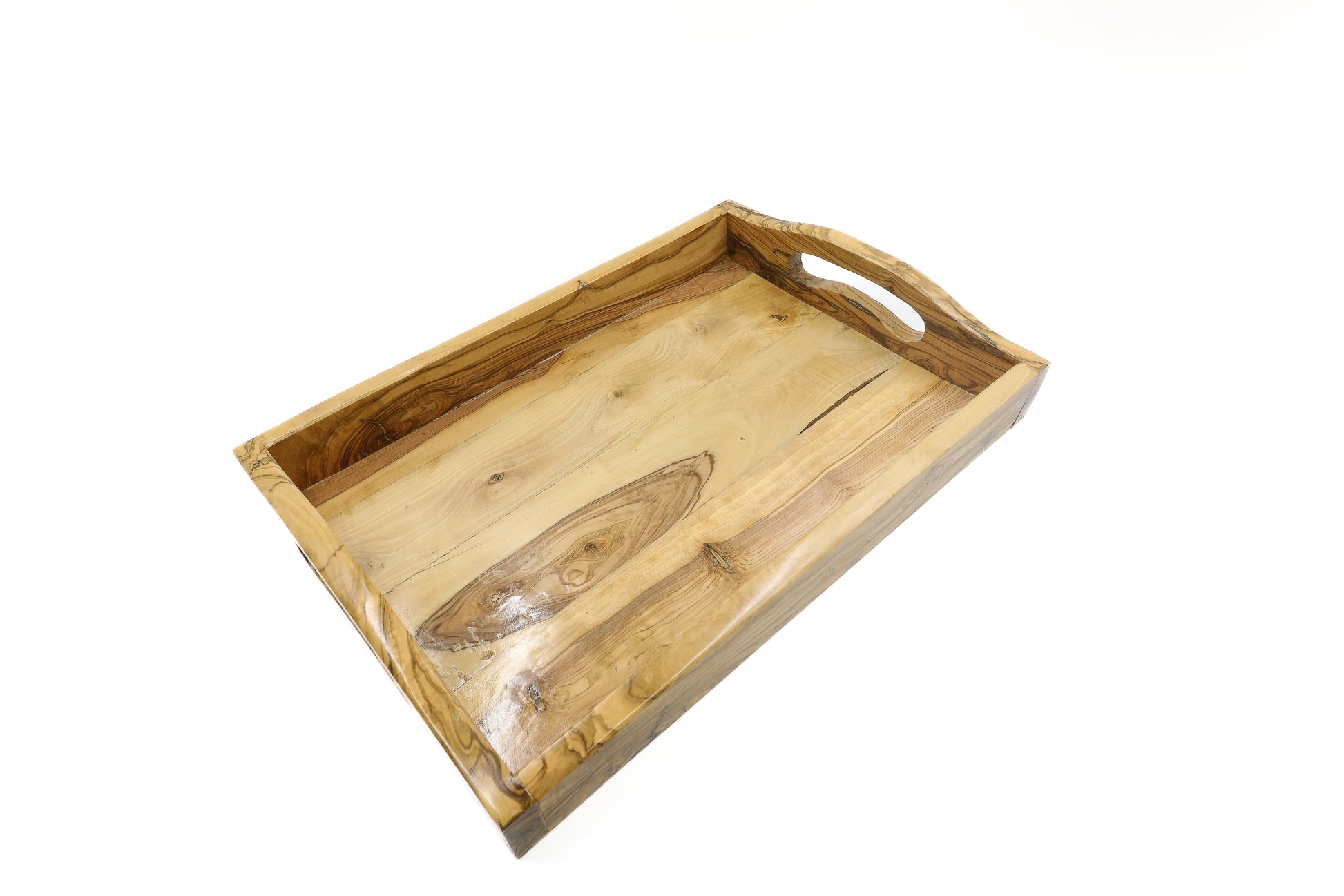 Elegant rectangular olive wood serving tray with convenient handles