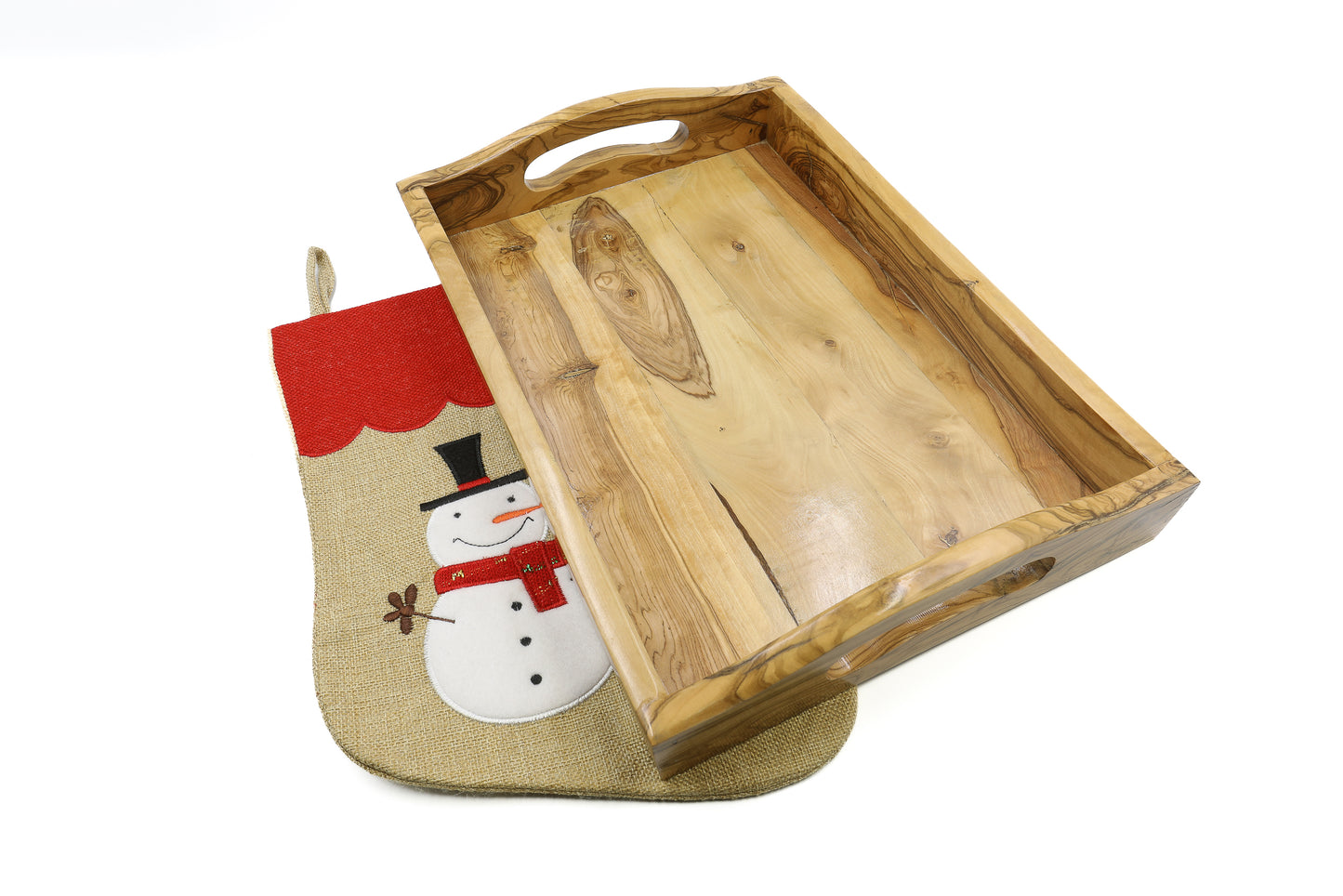 Rectangular serving tray in natural olive wood with practical handles