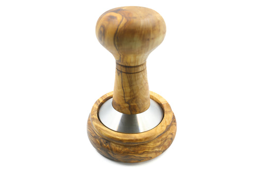 Handcrafted olive wood and stainless steel coffee tamper with a holder