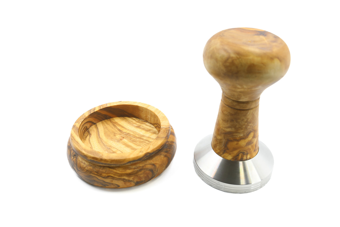 Elegant and practical coffee tamper made from olive wood and stainless steel with a holder