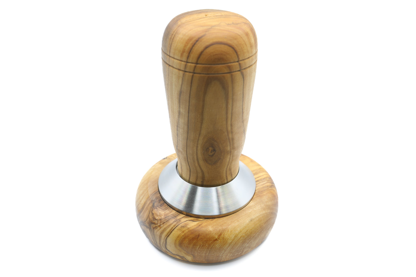 Unique combination of olive wood and stainless steel in a coffee tamper with a holder