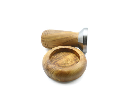 Natural olive wood and stainless steel coffee tamper with a holder, perfect for your kitchen