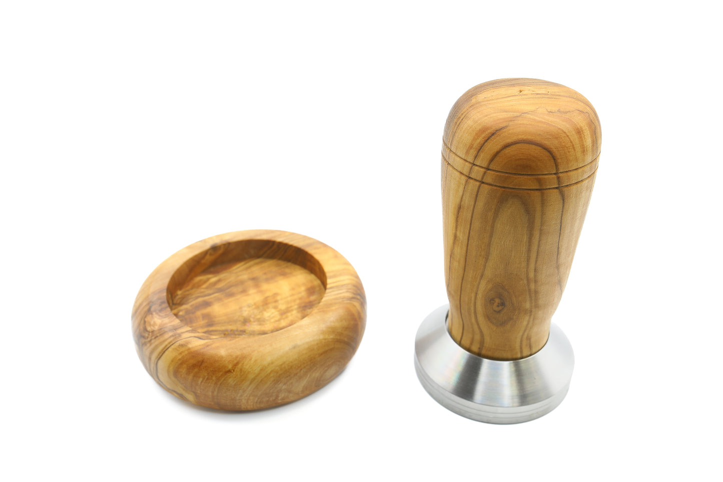 Olive wood and stainless steel tamper with a holder, an eco-conscious choice for espresso