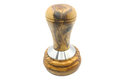 Artisan-made espresso accessory featuring olive wood and stainless steel, a tamper with a holder