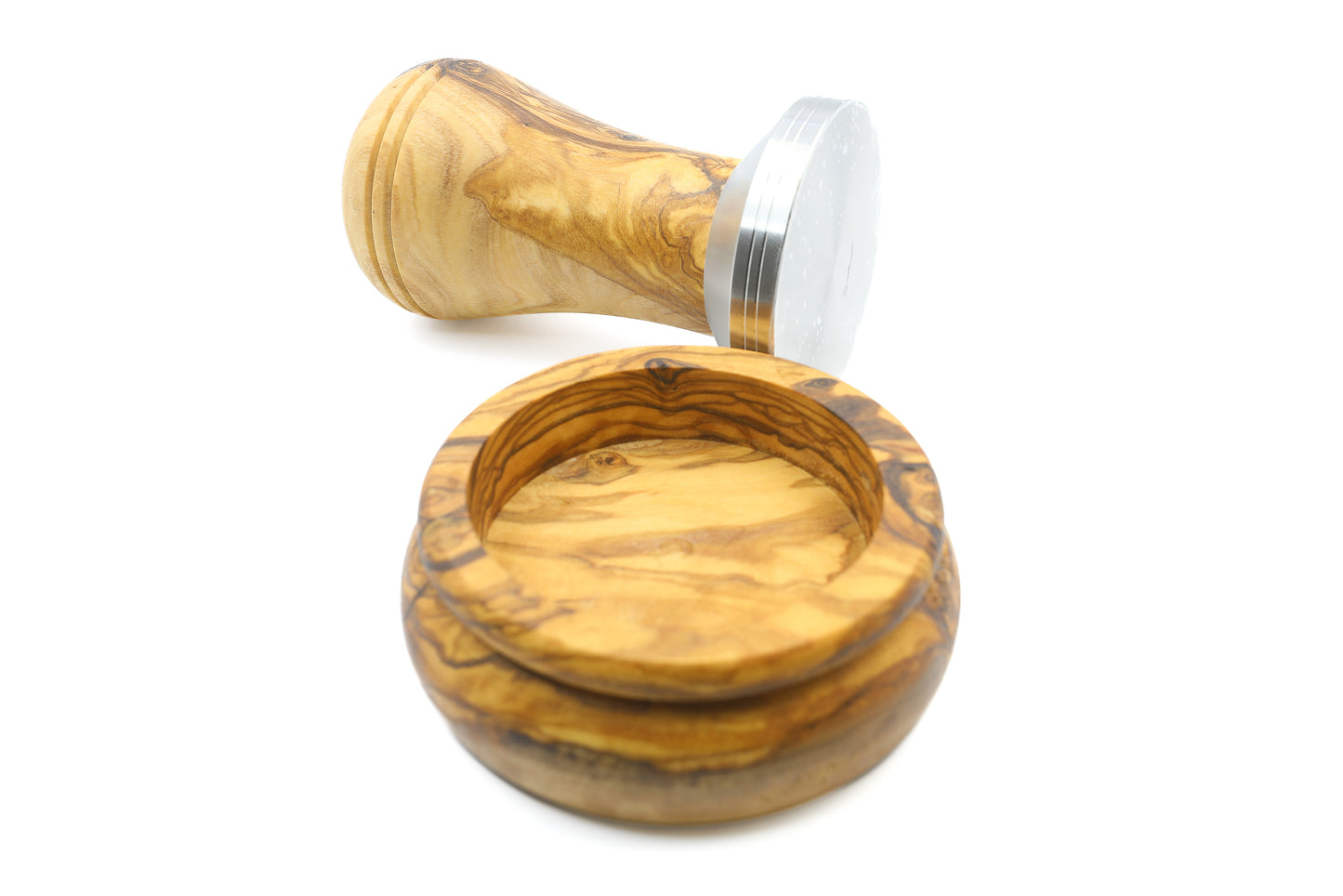 Artisan-crafted tamper for coffee enthusiasts, featuring olive wood and stainless steel