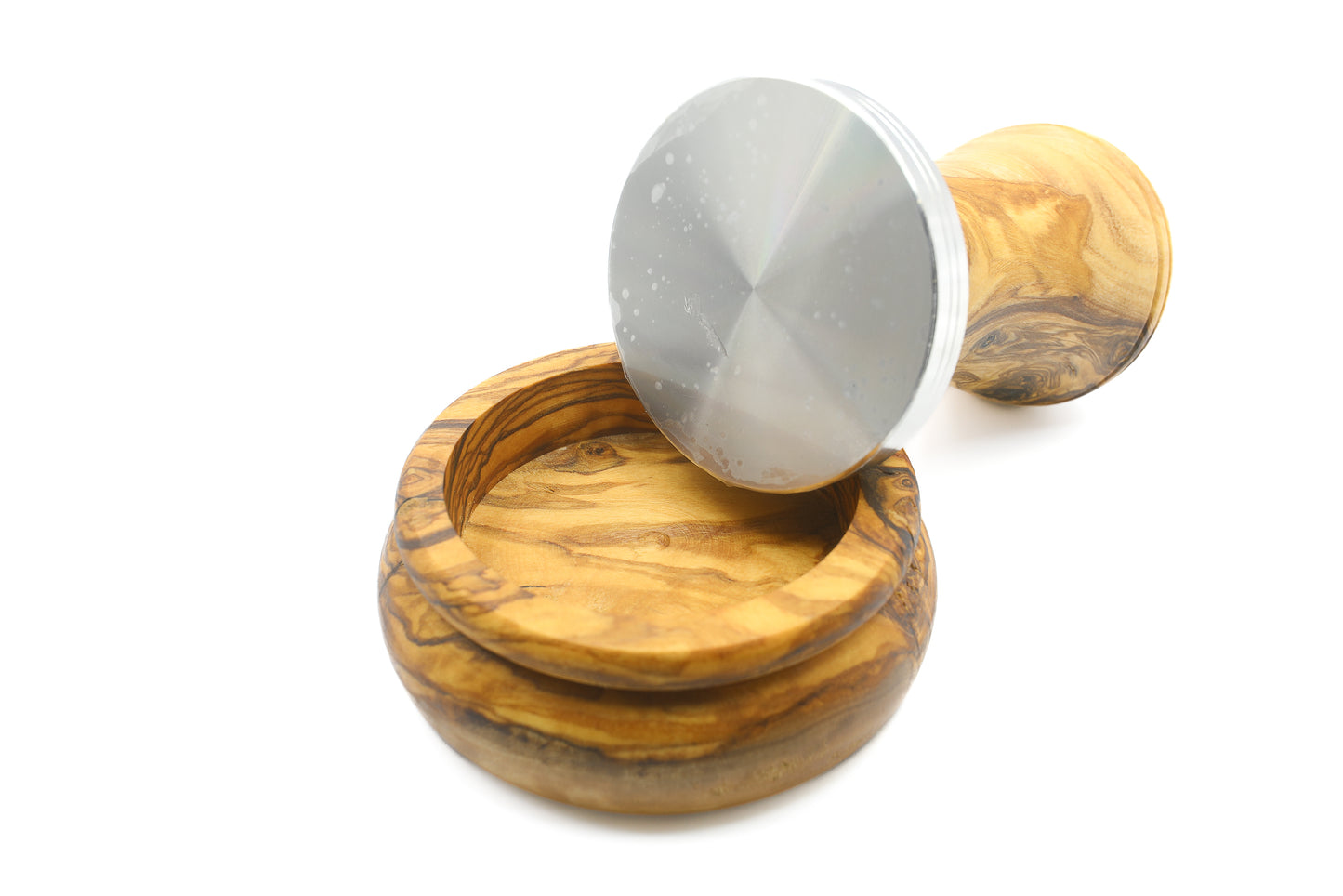 Hand-finished coffee tamper with a holder, made from olive wood and stainless steel