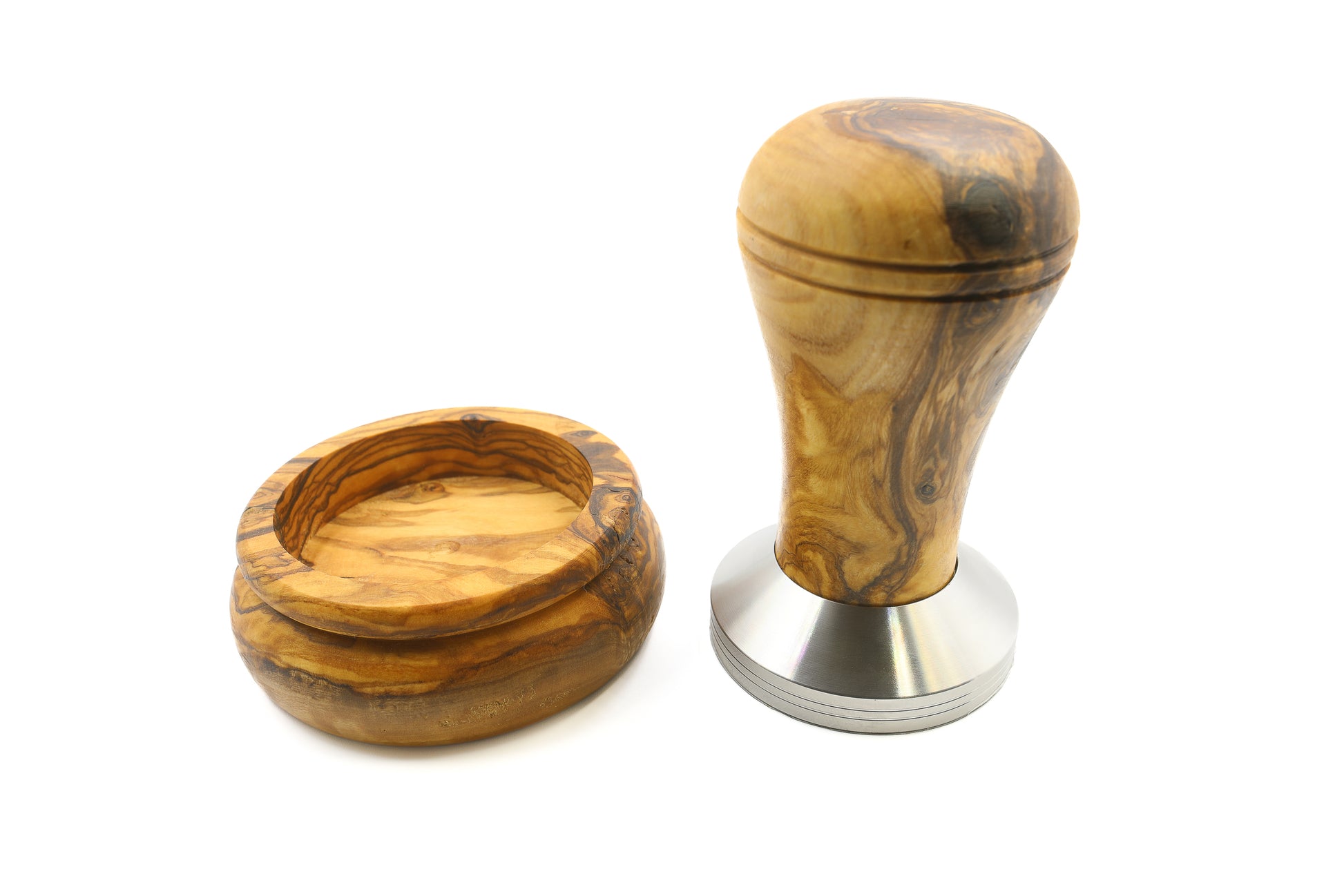 Eco-friendly coffee tamper crafted from olive wood and stainless steel, including a holder