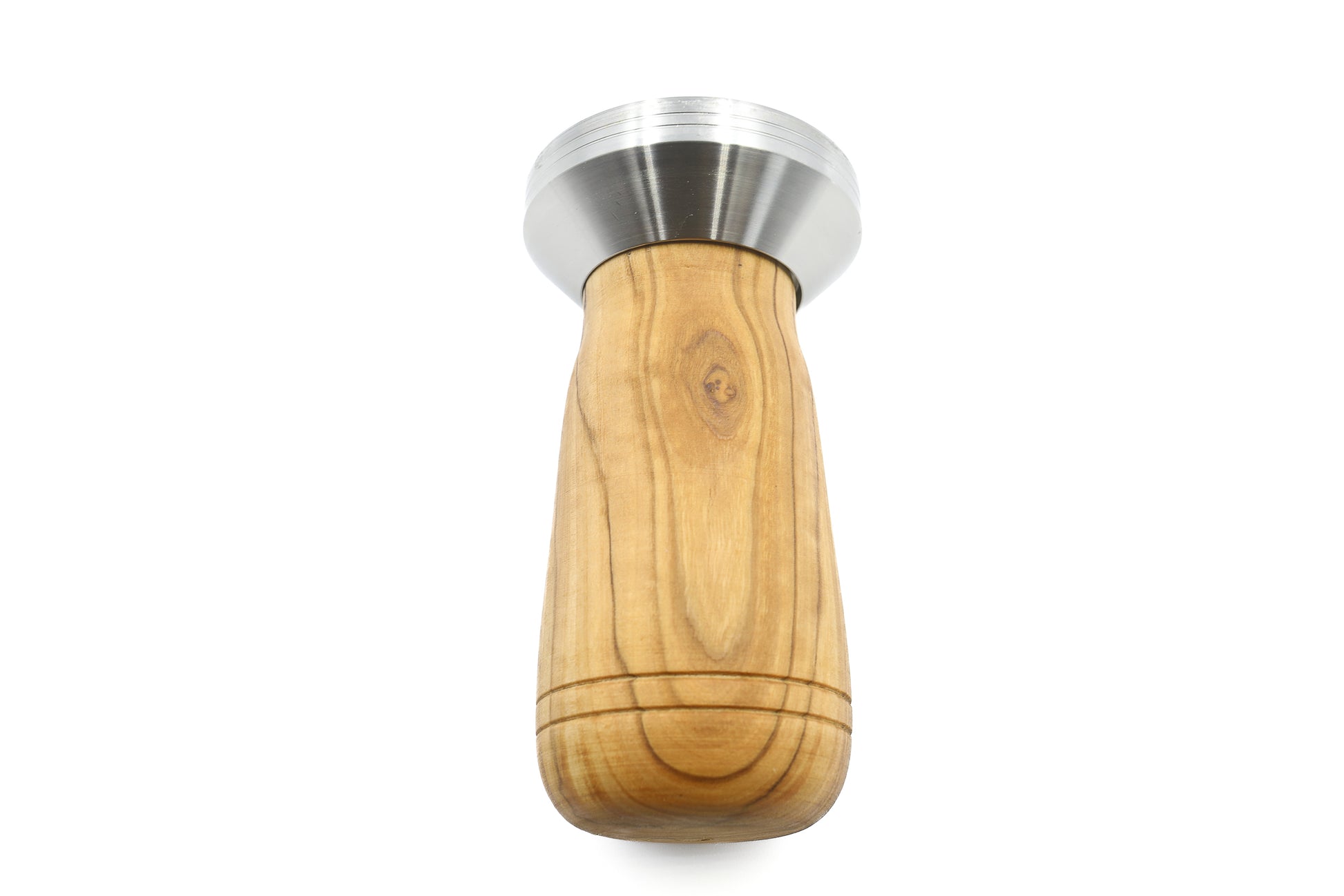 Elegant espresso accessory in olive wood and stainless steel, including a tamper with a holder