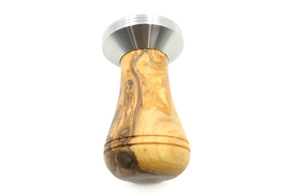 Rustic olive wood and stainless steel tamper with a holder, perfect for espresso lovers