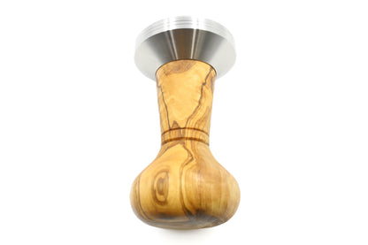 Olive wood and stainless steel coffee tamper with a holder for your daily brew