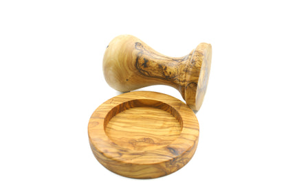 Handcrafted olive wood coffee tamper with a holder, a unibody espresso presser