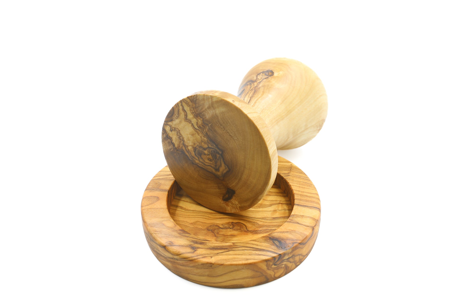 Unique olive wood kitchen tool for perfect espresso, including a tamper with a holder, a unibody presser