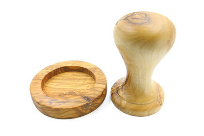 Artisan-made espresso accessory in beautiful olive wood, featuring a tamper with a holder, a unibody design