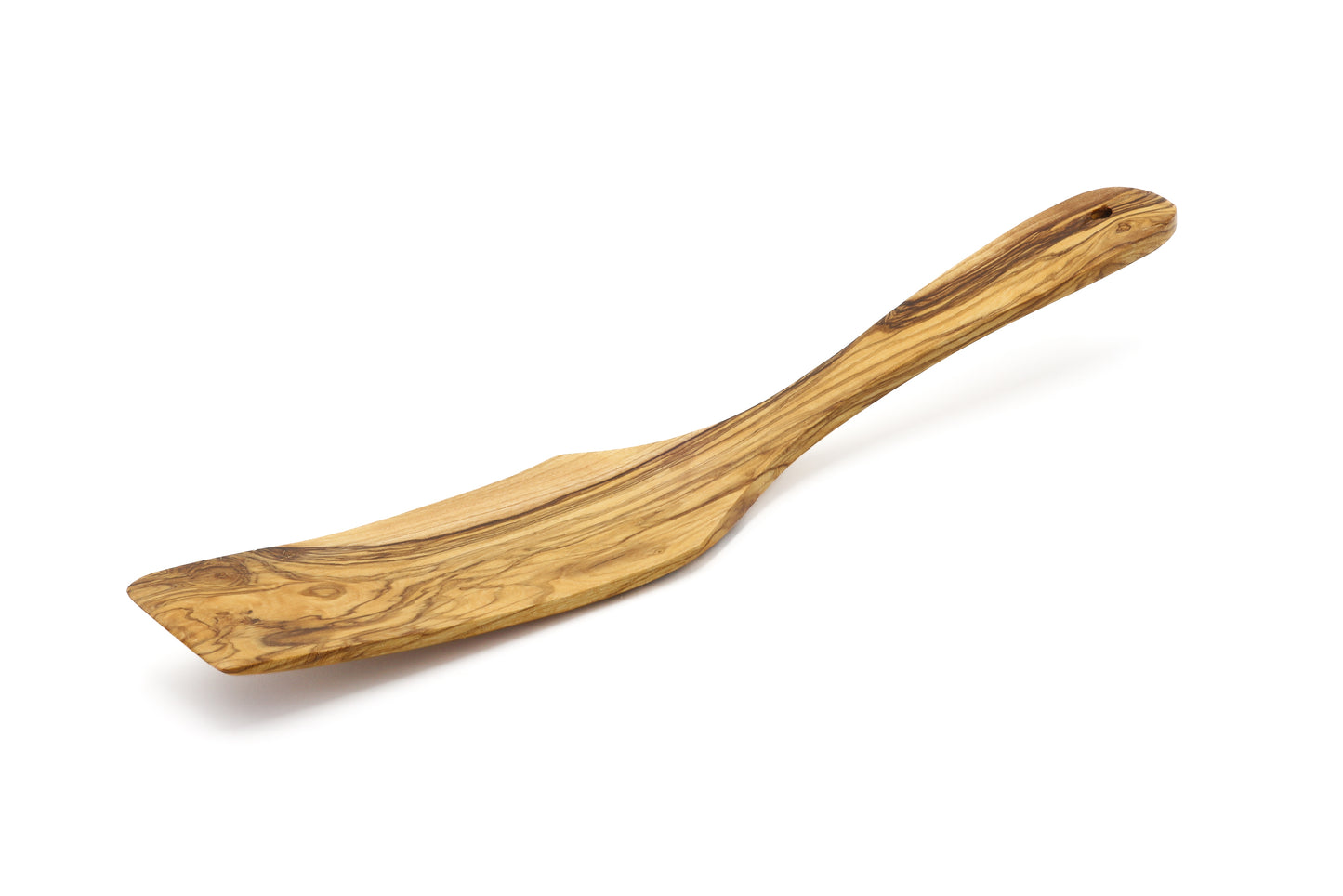 Artisan-made pan flipper in beautiful olive wood