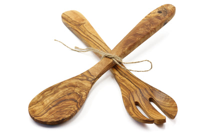 Hand-finished olive wood salad serving set, the duo servers
