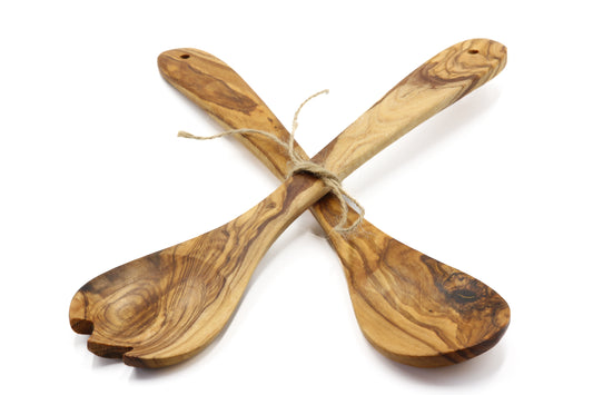 Rustic olive wood duo salad servers to elevate your dining experience