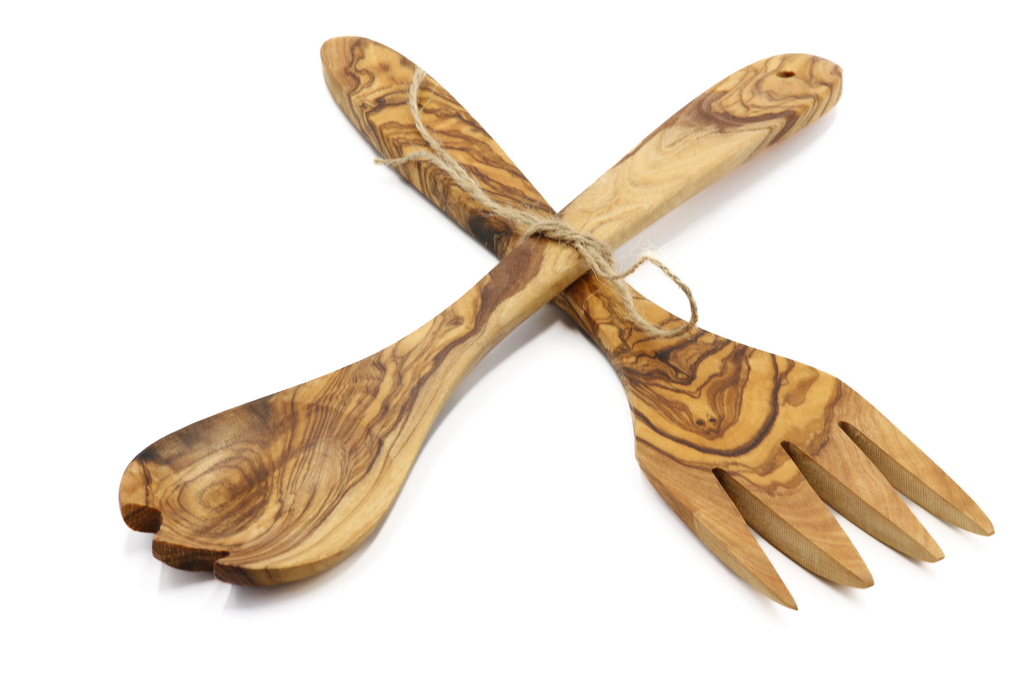Artisan-made duo salad servers in beautiful olive wood