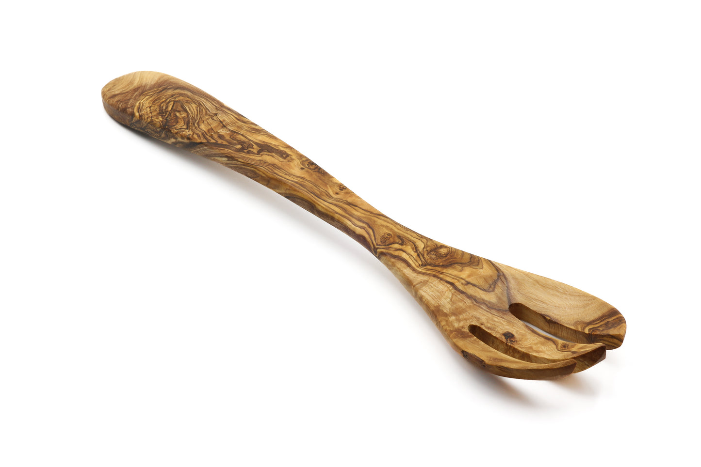 Unique olive wood salad server with a forked spoon design