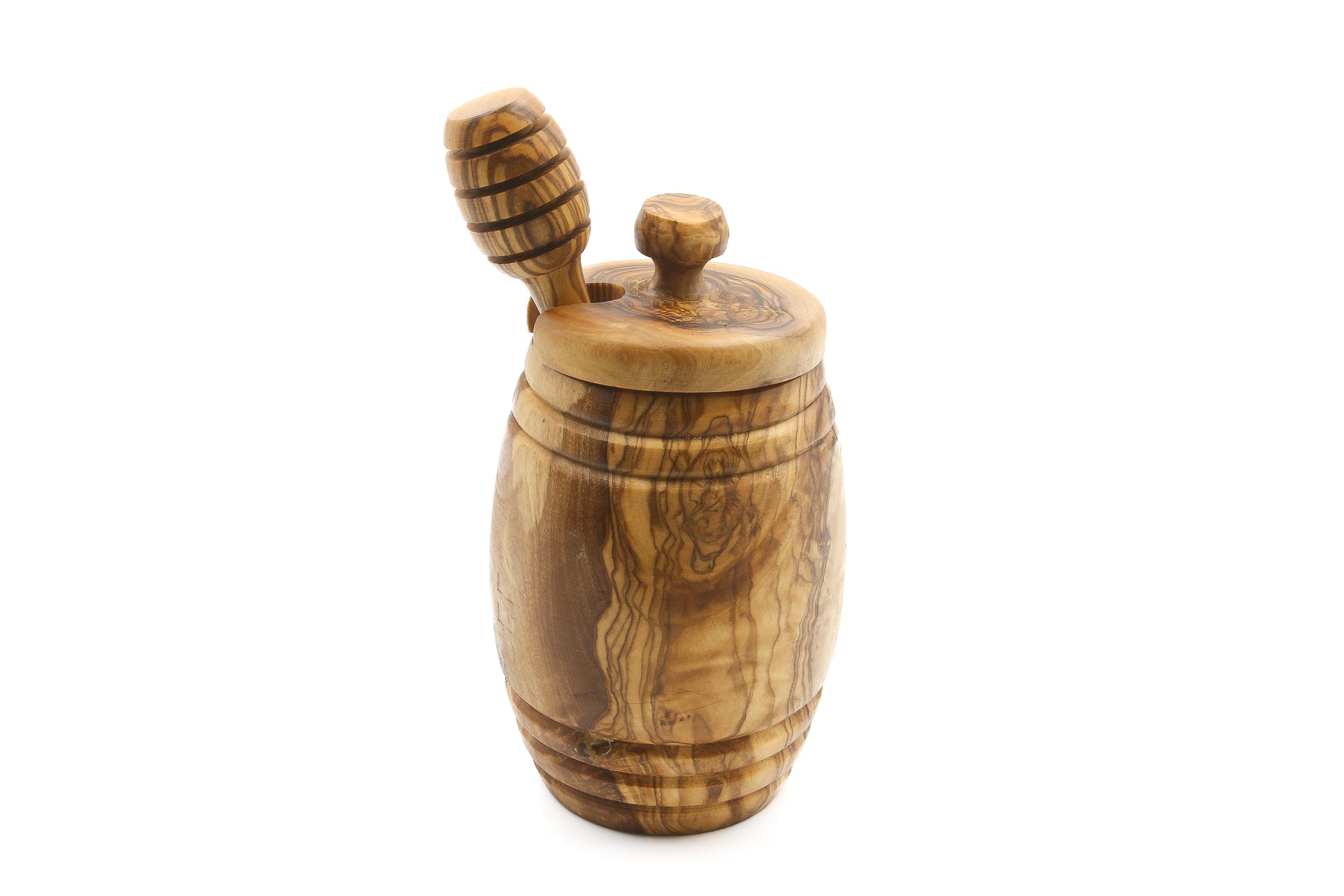 Artisan-made honey container in beautiful olive wood with a lid and honey dipper