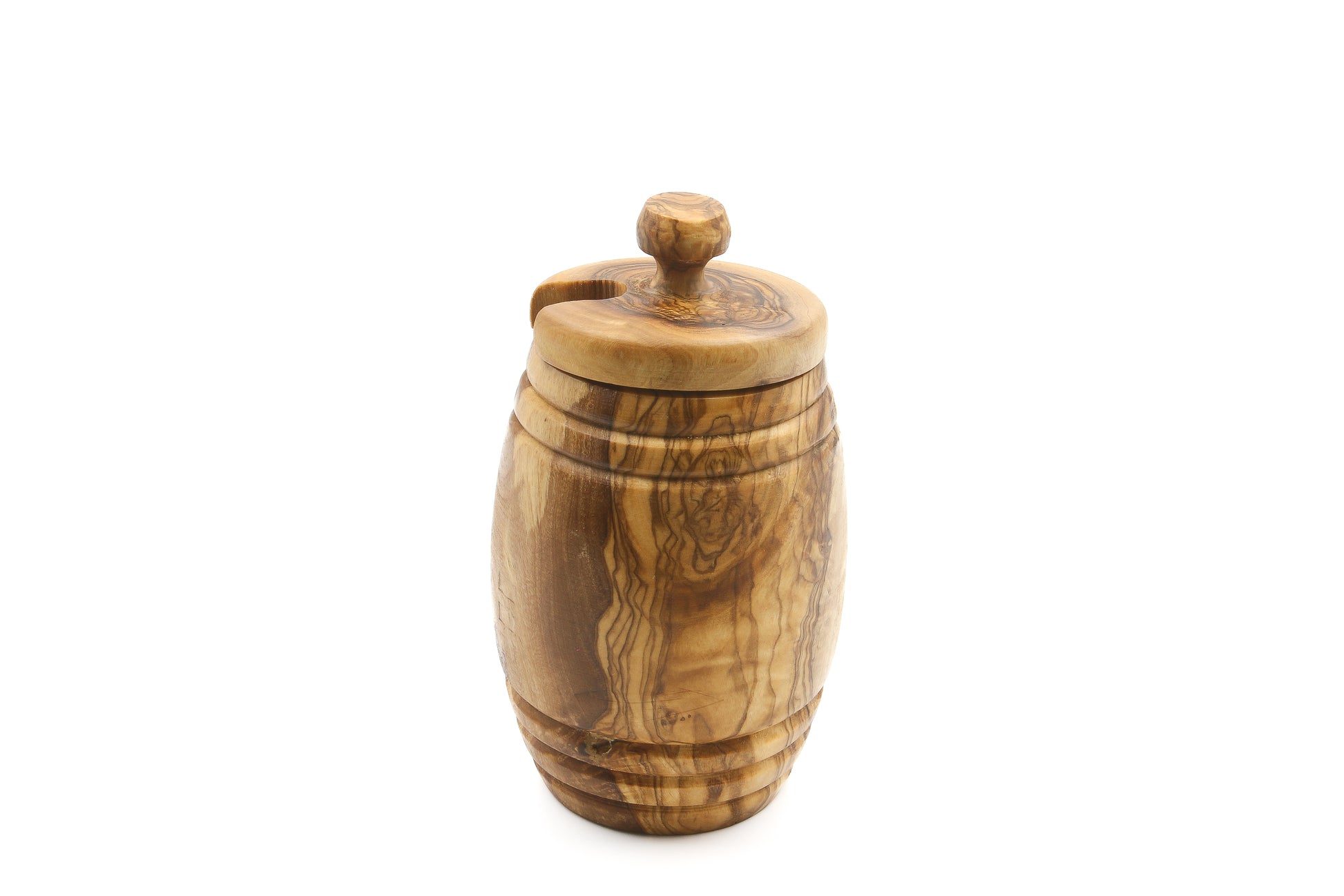 Eco-friendly honey storage jar made from olive wood, featuring a lid and drizzling tool