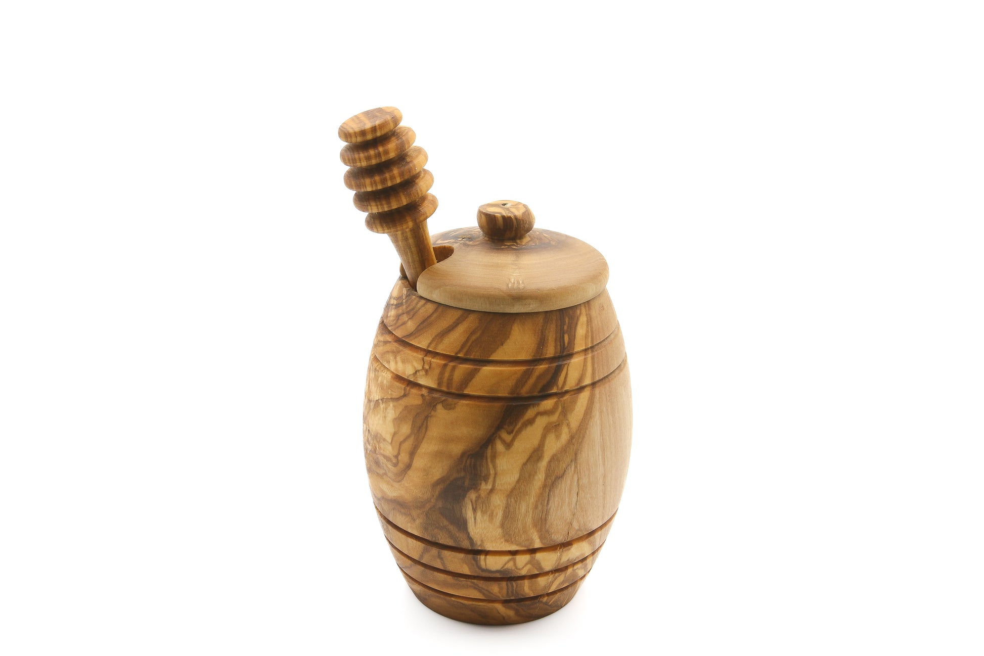 Handcrafted olive wood honey jar with a lid and drizzling stick