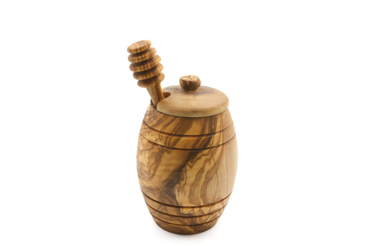 Olive wood honey jar with lid and dipper, included in the breakfast gift set