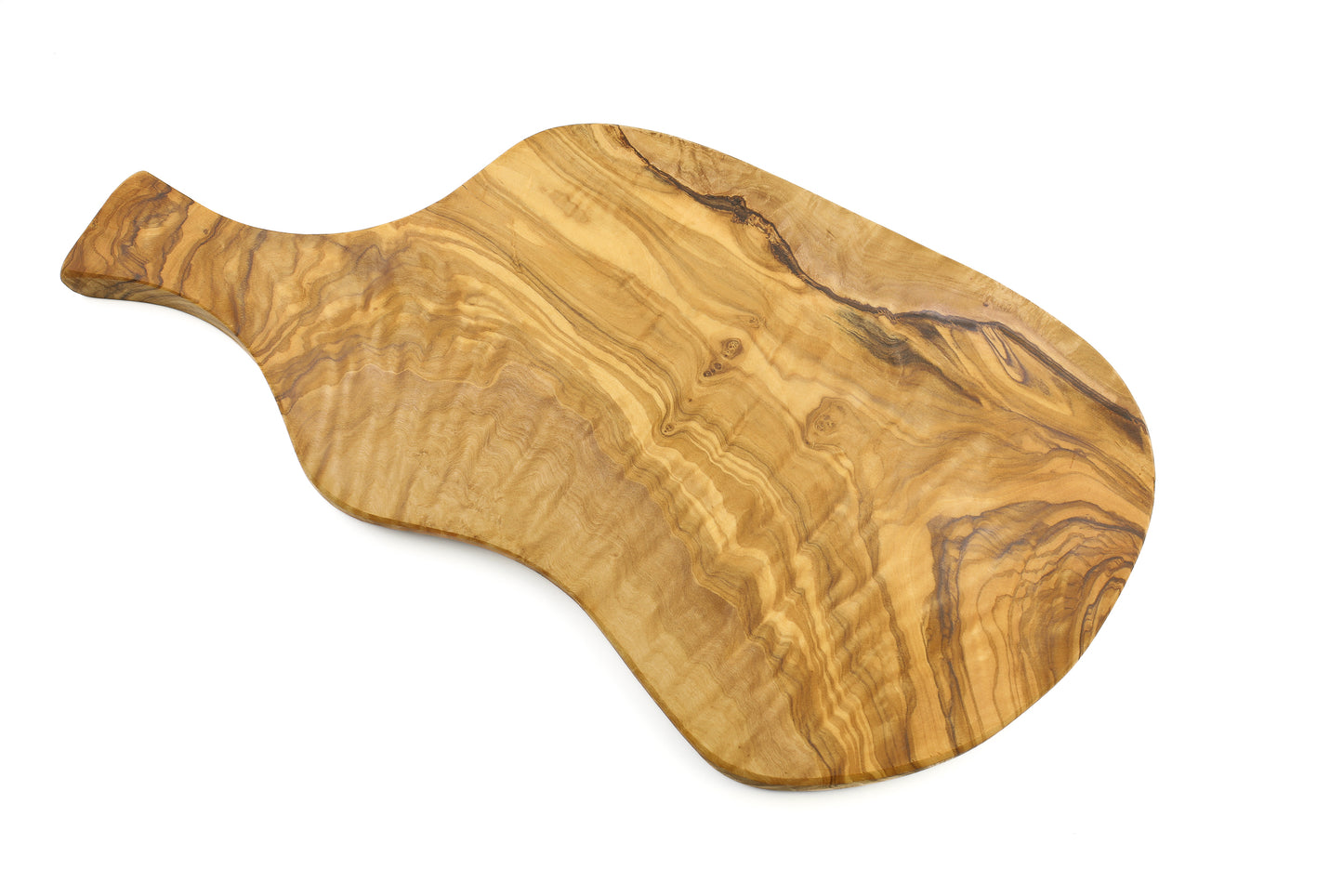 Hand-finished olive wood kitchen utensil with an irregular shape inspired by a beef thigh and a practical handle