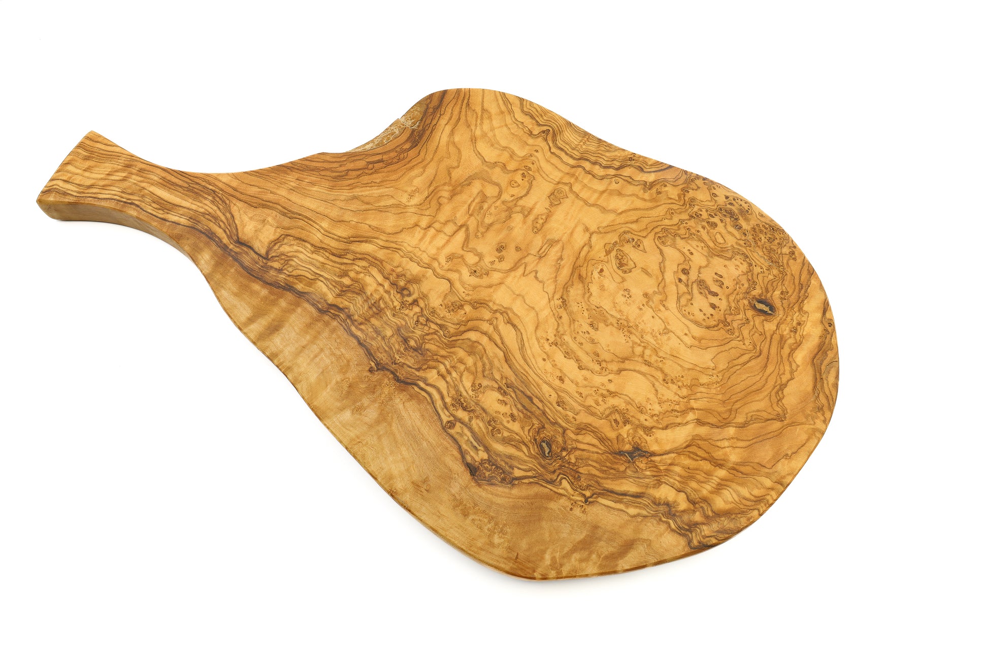 Rustic olive wood cutting board with an irregular, handcrafted design resembling a beef thigh, and a handle for easy use