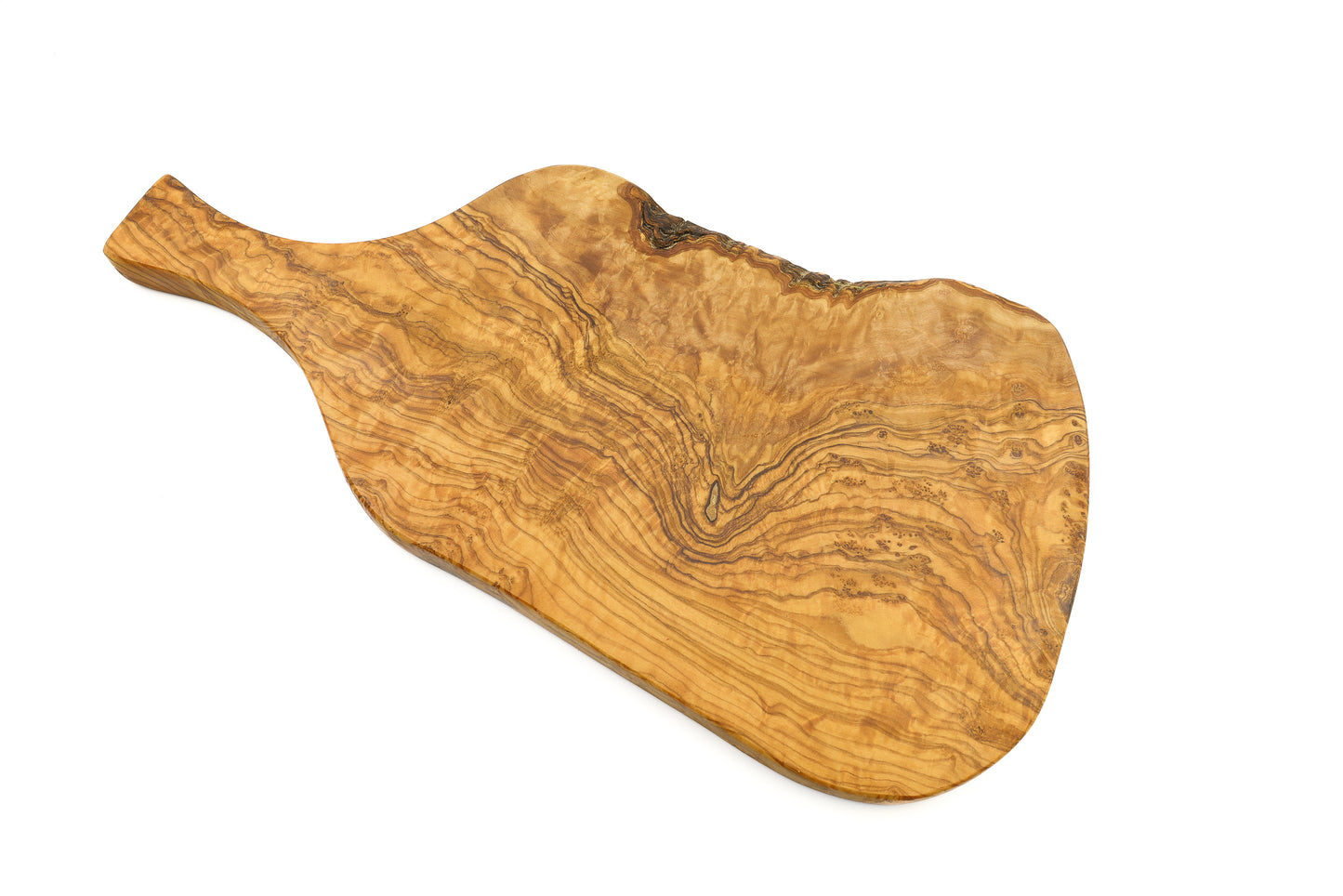 Eco-friendly cutting board made from olive wood, designed for creative cooking with its beef thigh shape and handle