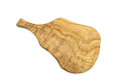 Olive wood cutting board with an irregular, organic form inspired by a beef thigh, complete with a convenient handle