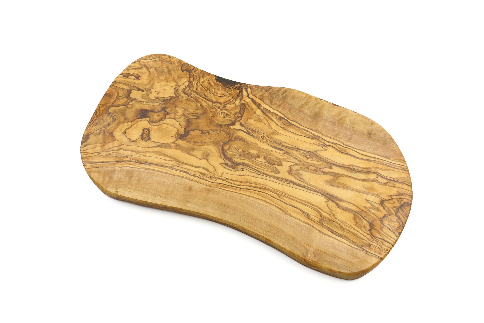 Olive wood cutting board with an irregular, natural shape for versatile use