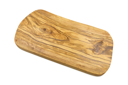 Rustic olive wood cutting board with an irregular, handcrafted shape
