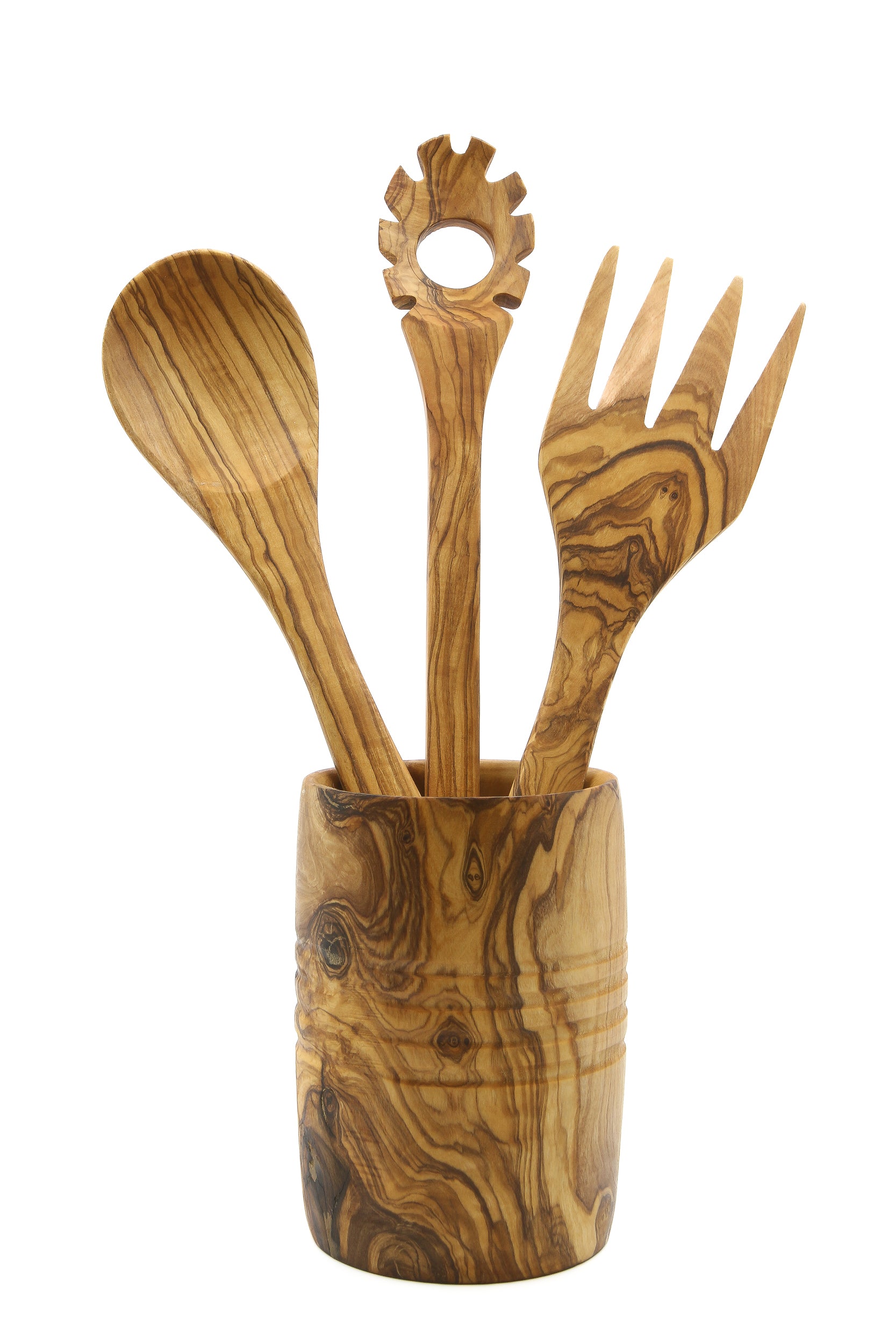 Artisan-made olive wood kitchenware set, complete with essential utensils and a utensil holder
