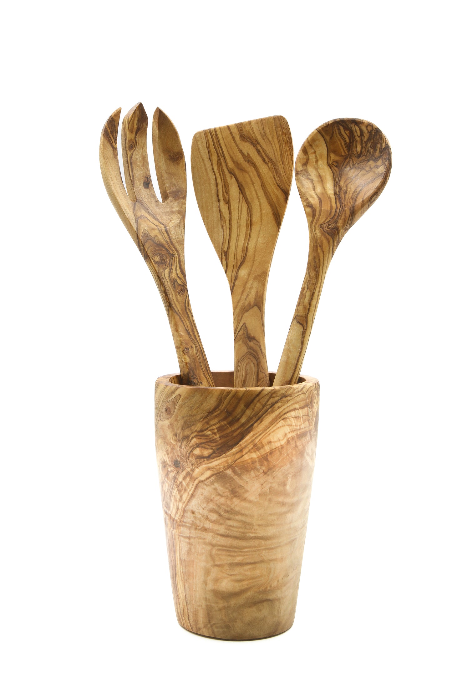 Hand-finished olive wood kitchenware essentials, complemented by a matching utensil holder