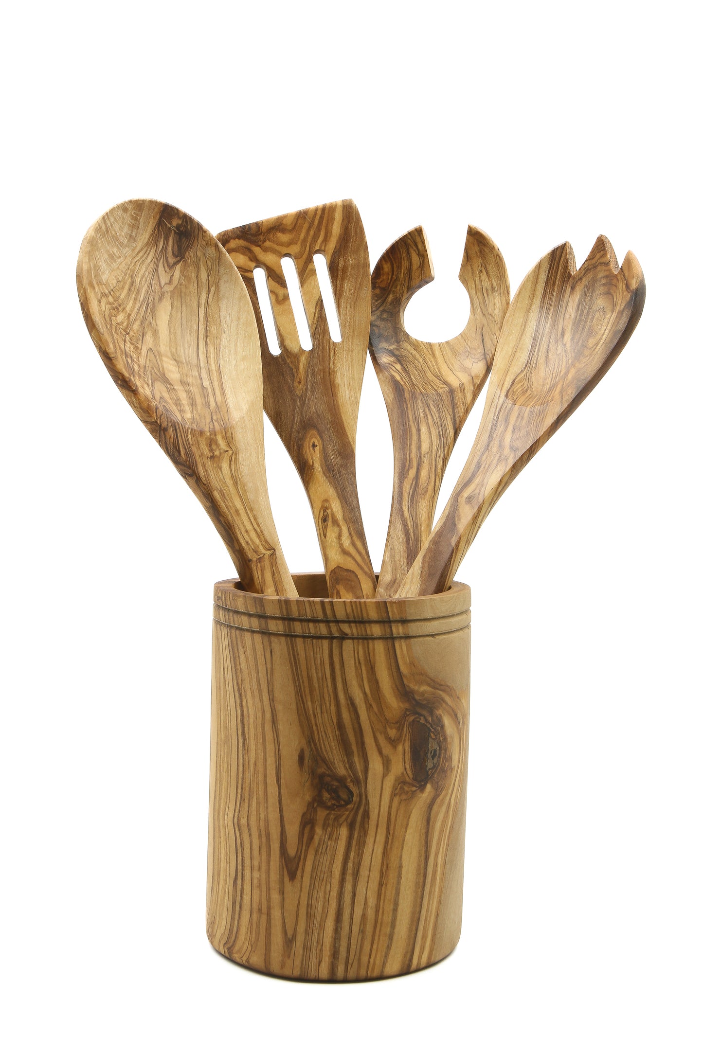 Unique olive wood kitchenware collection featuring spoon, forks, strainer, ladle, and holder
