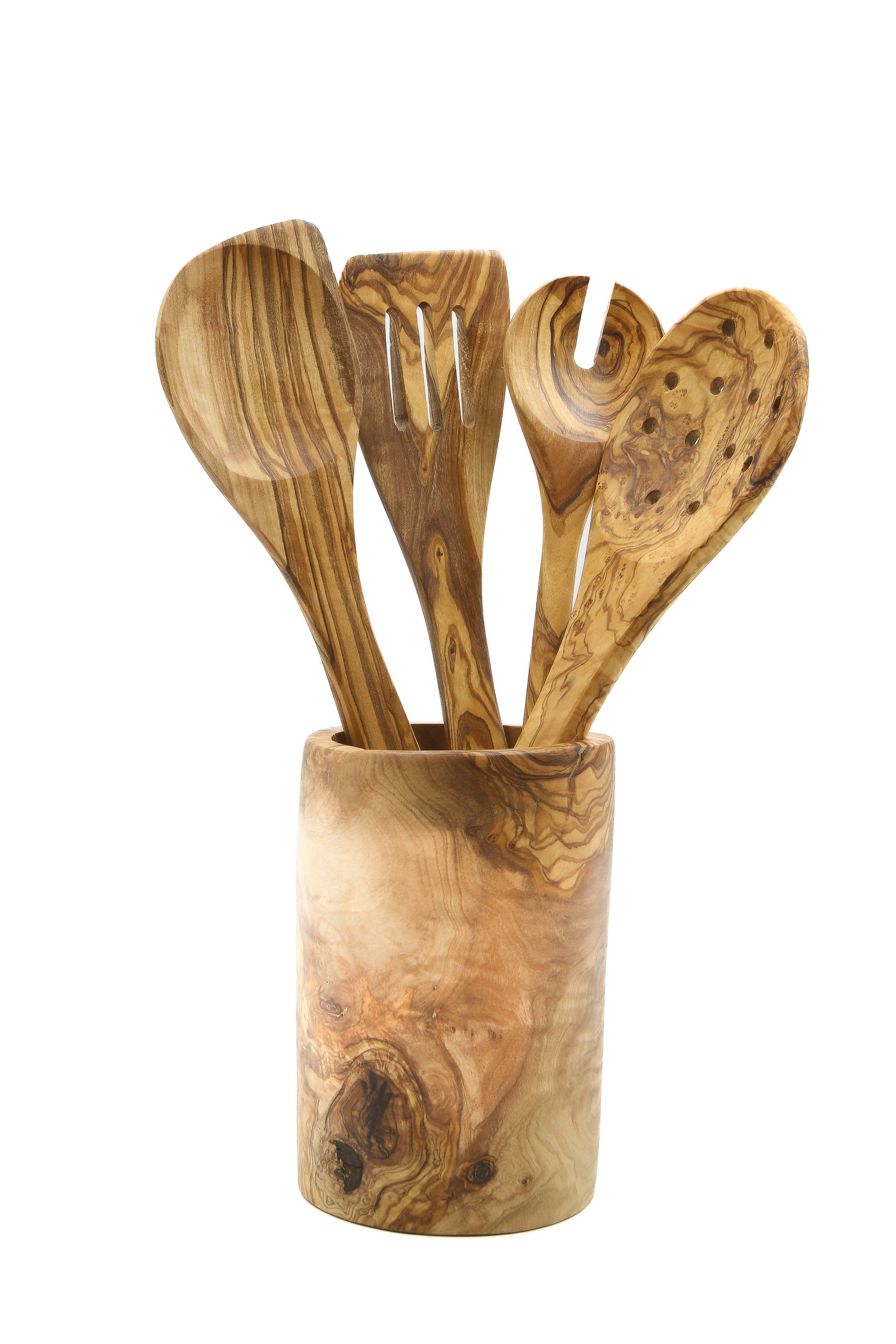 A stylish and sustainable kitchenware set made from beautiful olive wood