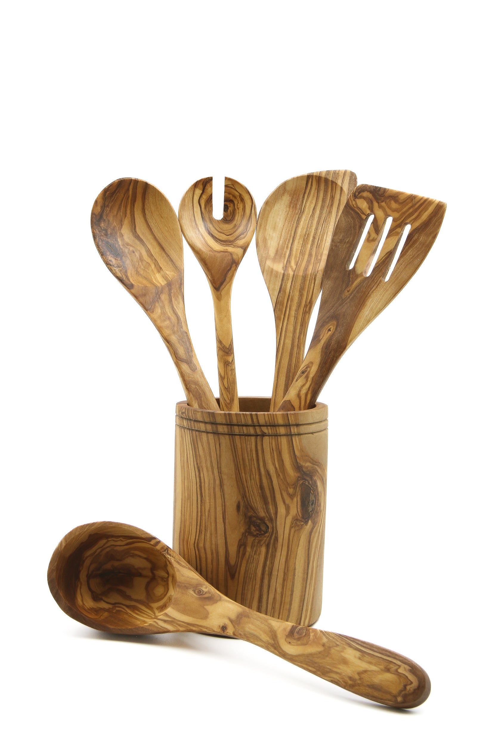 Eco-friendly olive wood utensils set, including a spoon, forks, strainer, ladle, and holder