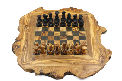 Unique olive wood chess set, including a board and intricately designed pieces