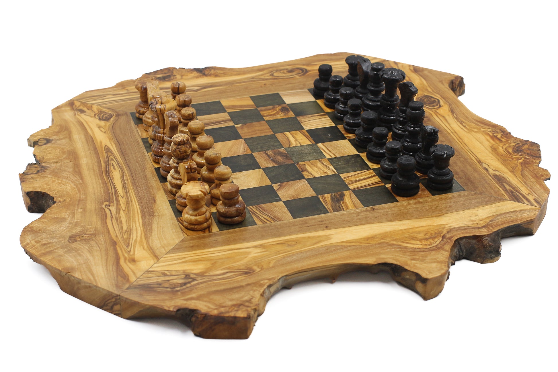 Artisan-made olive wood chess set with a beautifully crafted board and matching pieces