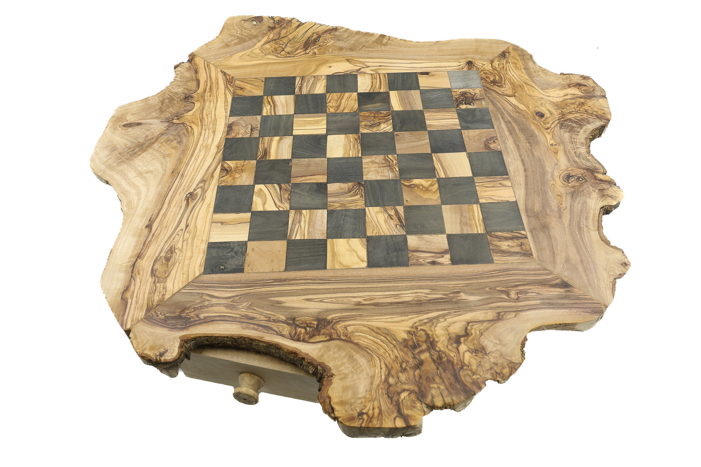 Artisan-crafted chess set with a natural olive wood board and intricately detailed pieces