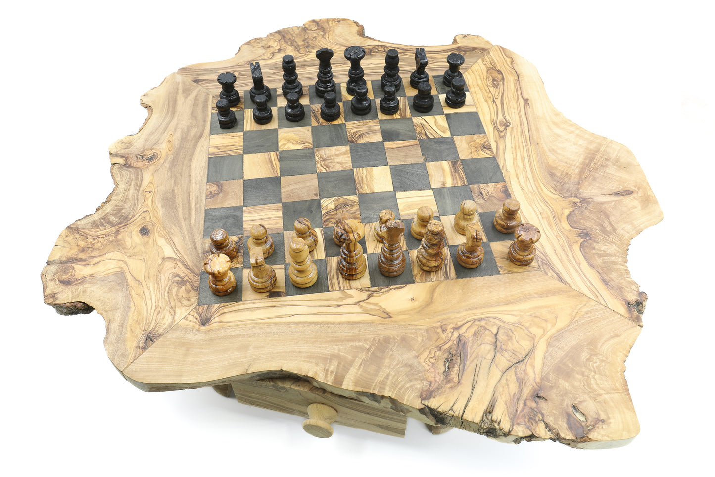Handcrafted chess set made from natural olive wood, featuring both board and pieces