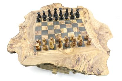Handcrafted chess set made from natural olive wood, featuring both board and pieces