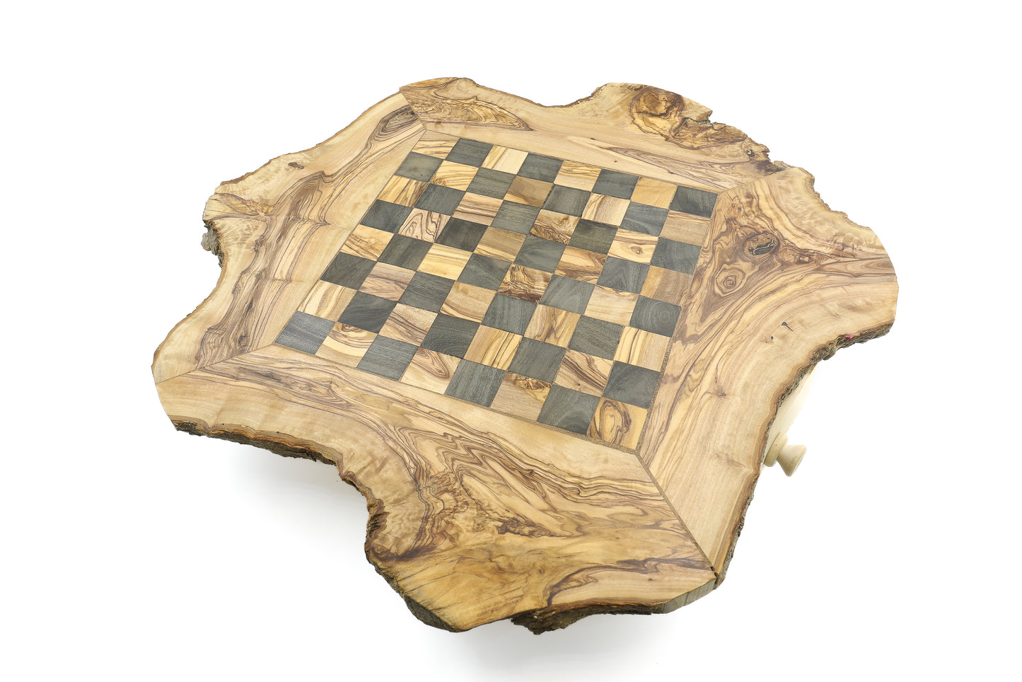A complete chess set made from olive wood, both board and pieces included