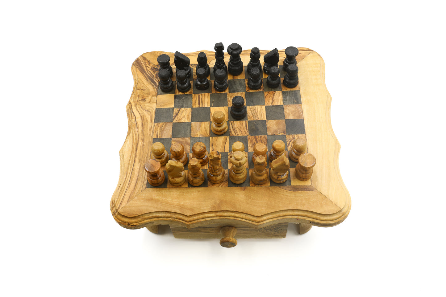 Elegant and classic chess set with an olive wood board and matching pieces