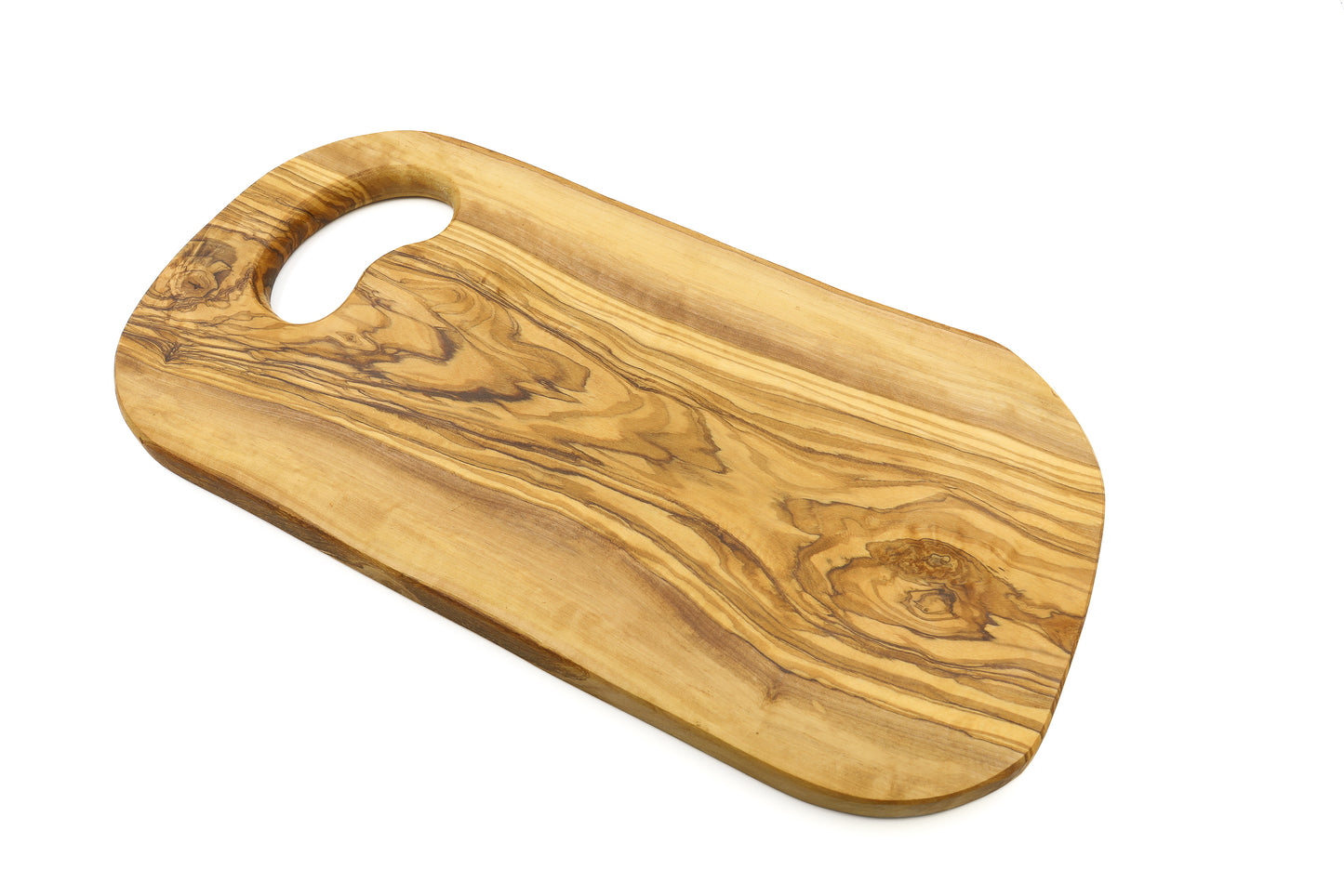 Handcrafted olive wood cutting board with an ergonomic in-hand handle