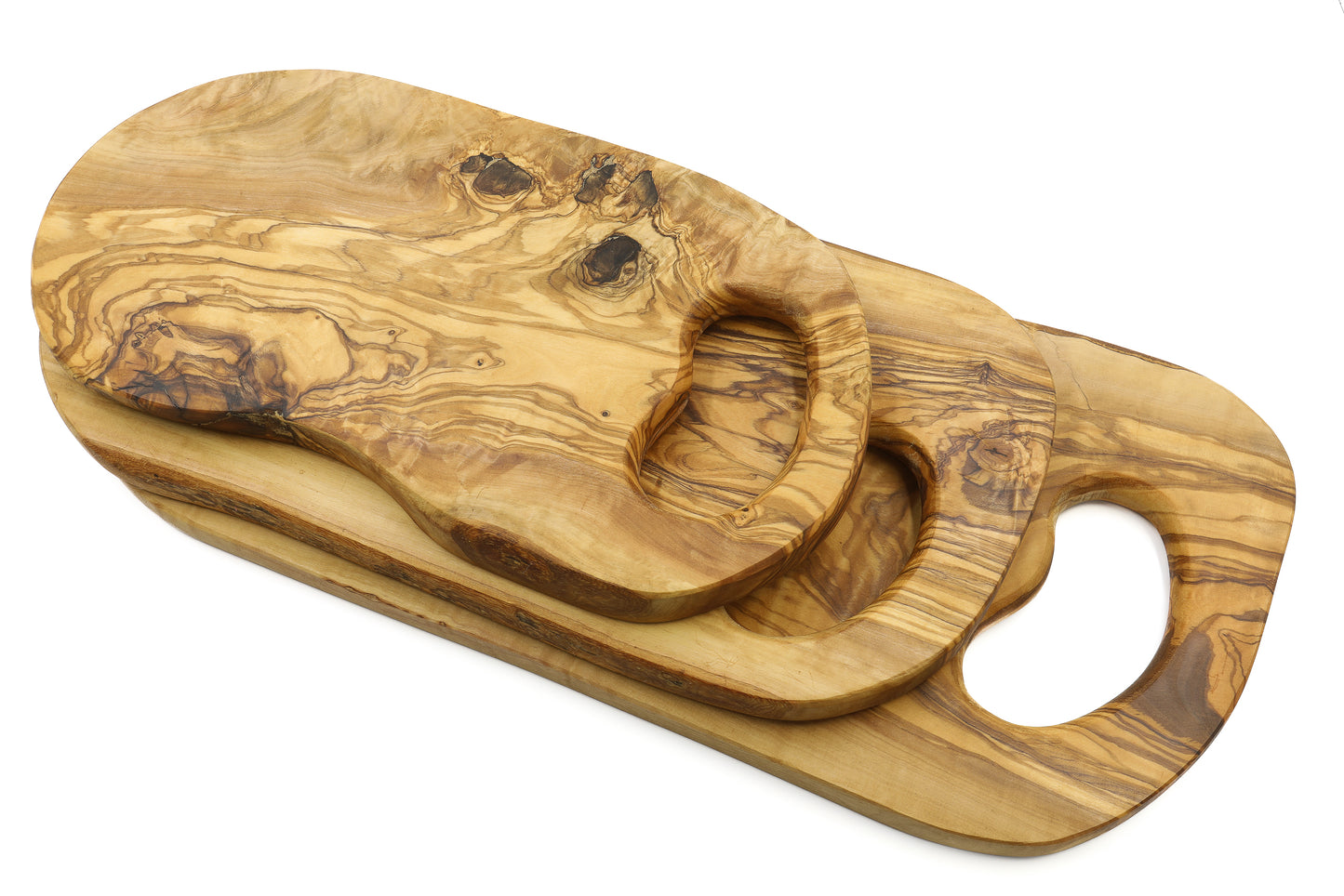 Olive wood chopping board with a comfortable in-hand grip and natural shape