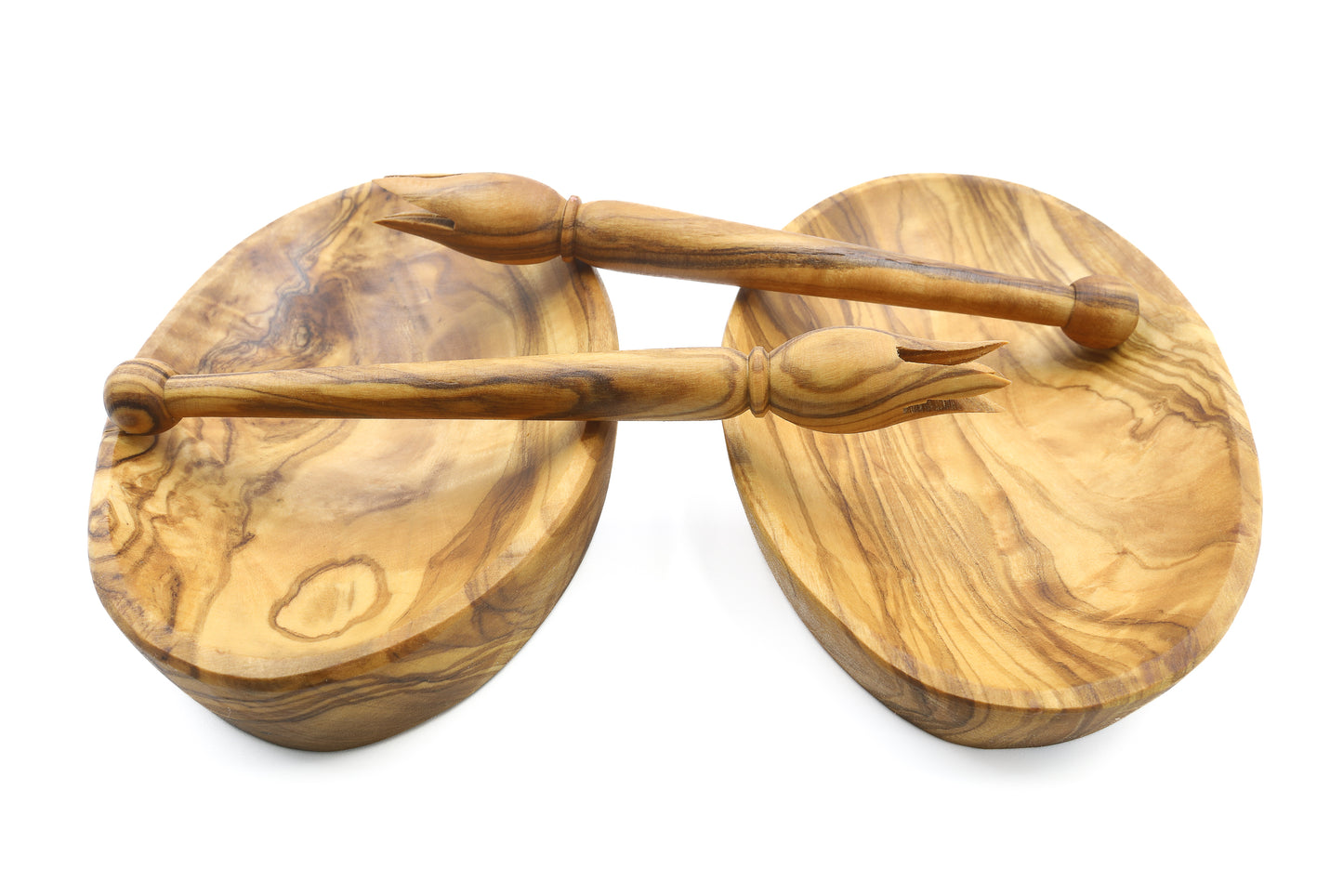Handmade oval bowl and olive picker duo, showcasing the beauty of olive wood