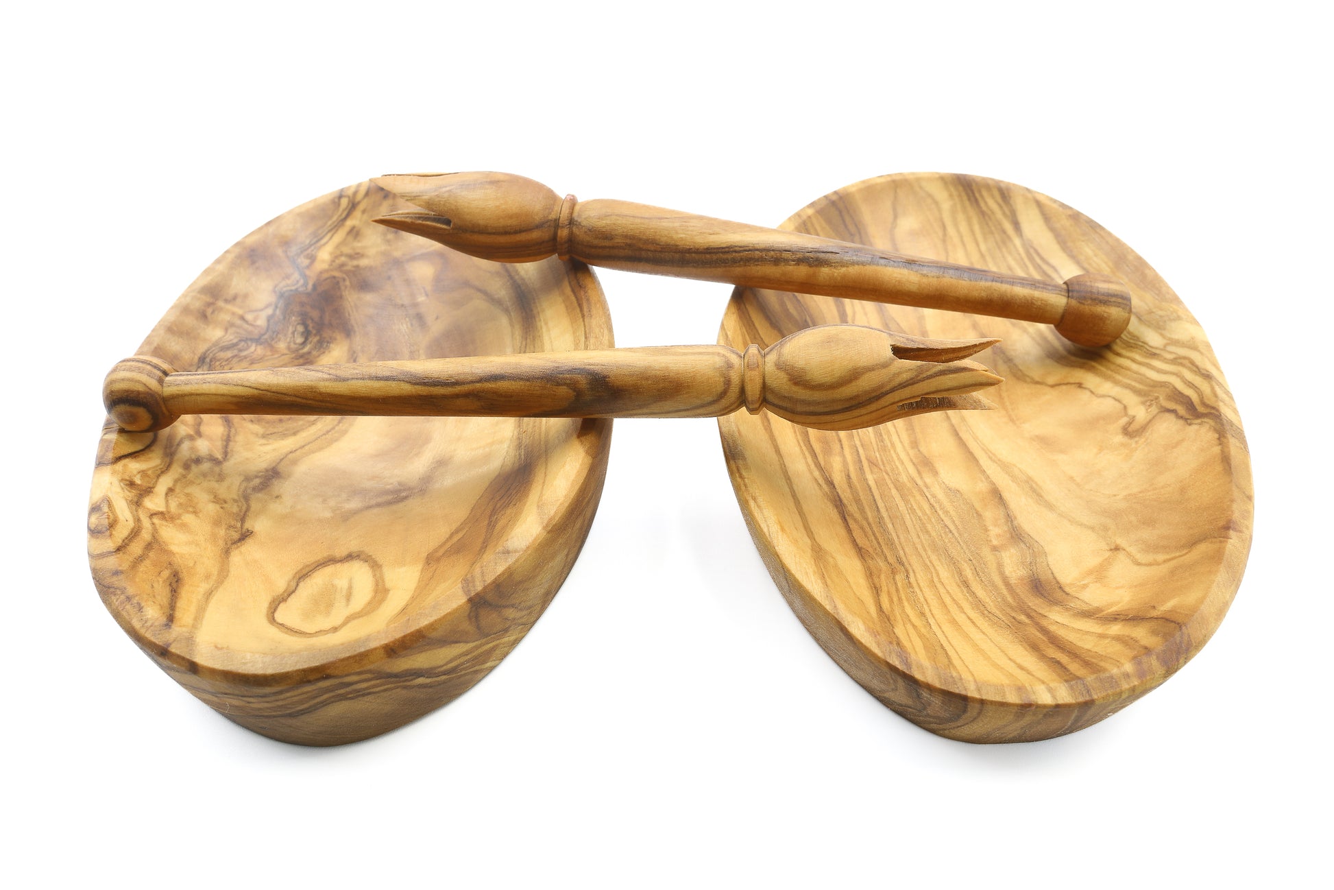 Handmade oval bowl and olive picker duo, showcasing the beauty of olive wood