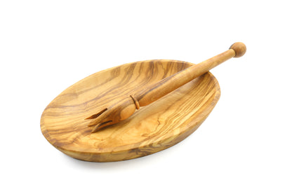 Handcrafted oval bowl and olive picker set made from exquisite olive wood