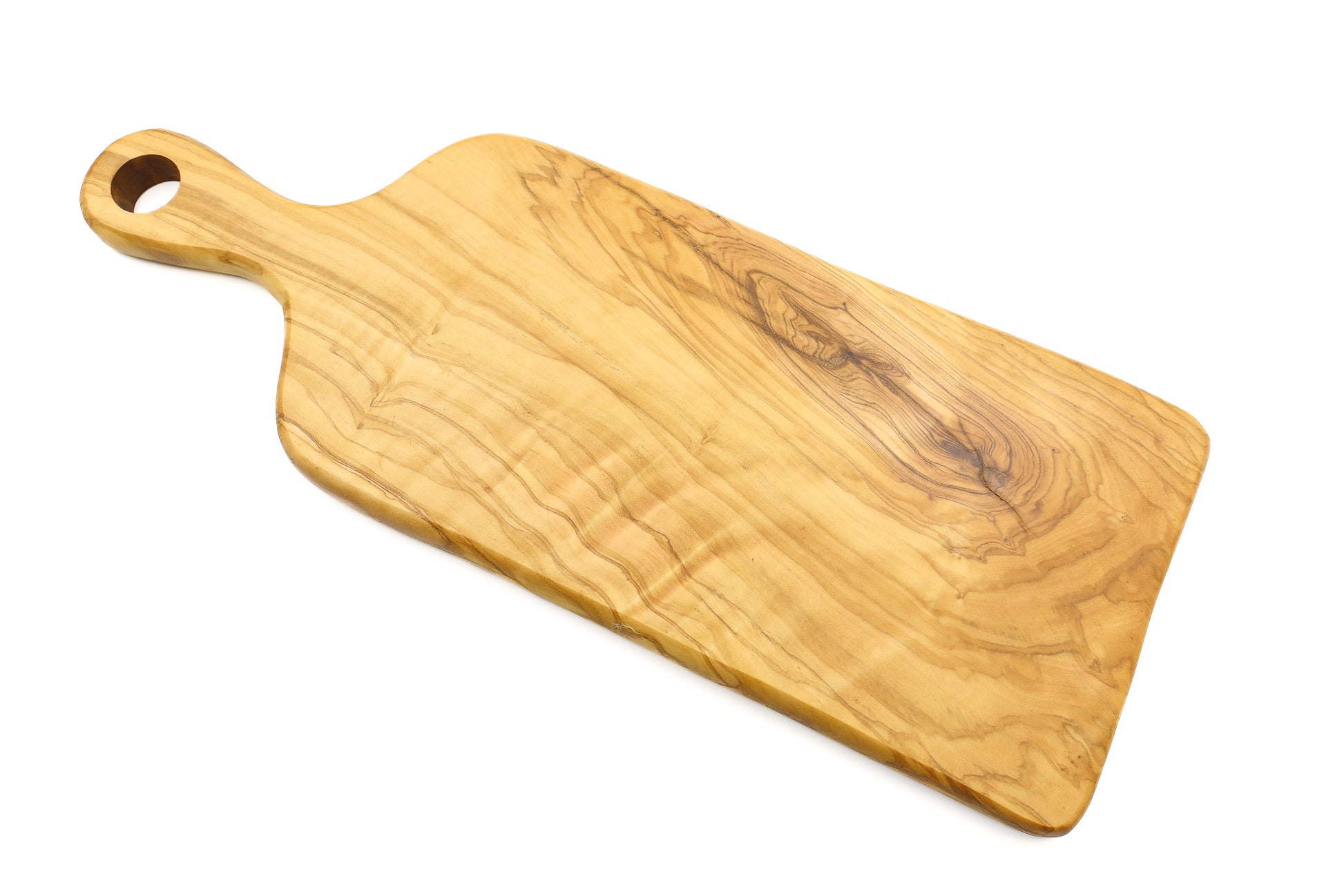 Olive wood chopping board in a classic paddle shape, featuring a handle